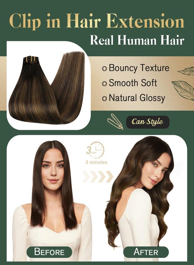 Ugeat Clip in Extensions Real Human Hair Balayage Dark Brown Short Hair Extensions Clip ins Medium Brown Ombre Clip on Hair Extensions for Women 12 Inch 5Pcs 85G 2/6/2 - Image 4